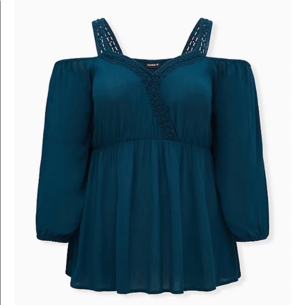 TEAL GAUZE COLD SHOULDER PEPLUM BLOUSE